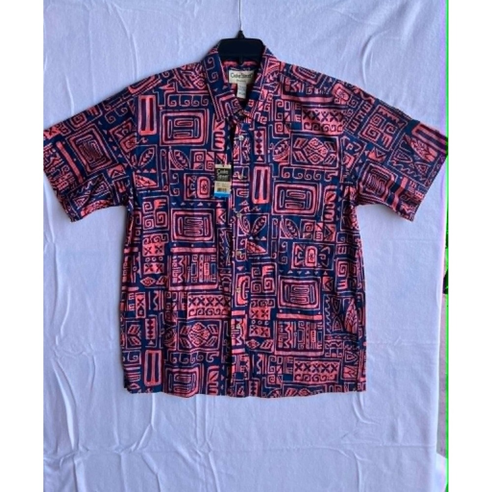 Cooke Street Honolulu Mens Large Pink Blue Tribal Geometric Cotton Aloha Shirt